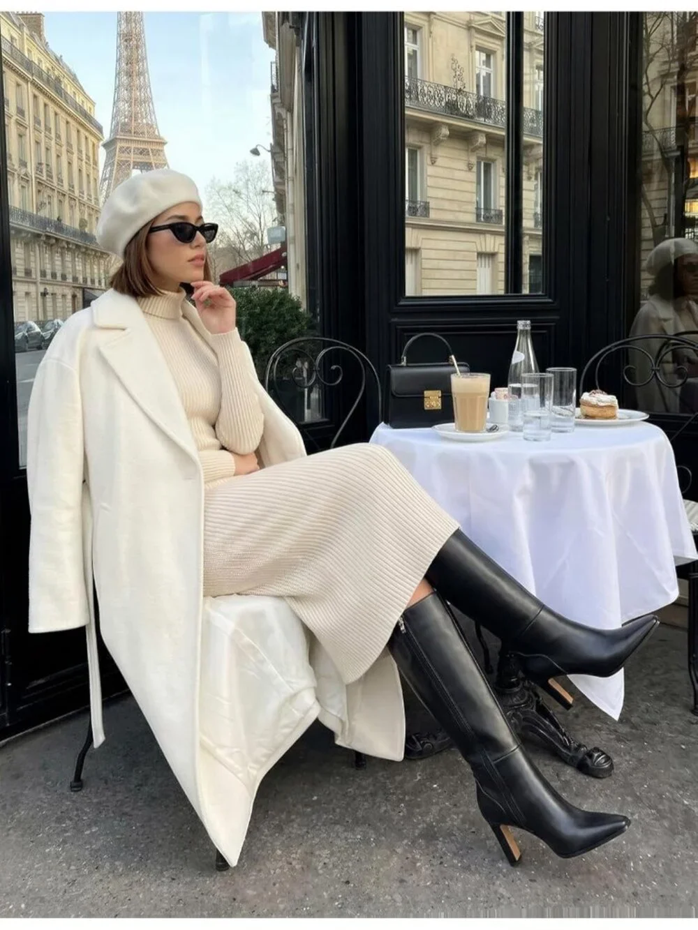 Women's Black Faux Leather Pointed Square Toe Chunky Heel Knee High Boots